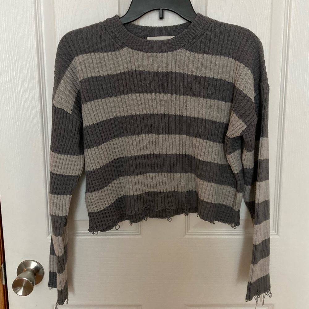 Sage + Stone Striped Gray and Cream Ribbed Sweater Sz Small